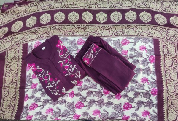 Black Print Hand Work Cotton Anarkali Kurti Pant Malmal Dupatta For Women - Image 6