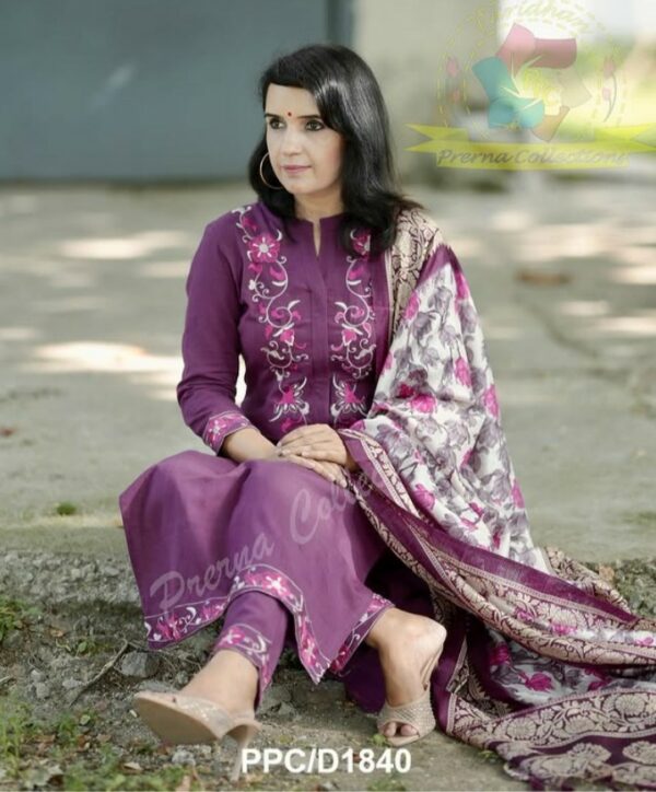 Black Print Hand Work Cotton Anarkali Kurti Pant Malmal Dupatta For Women - Image 3